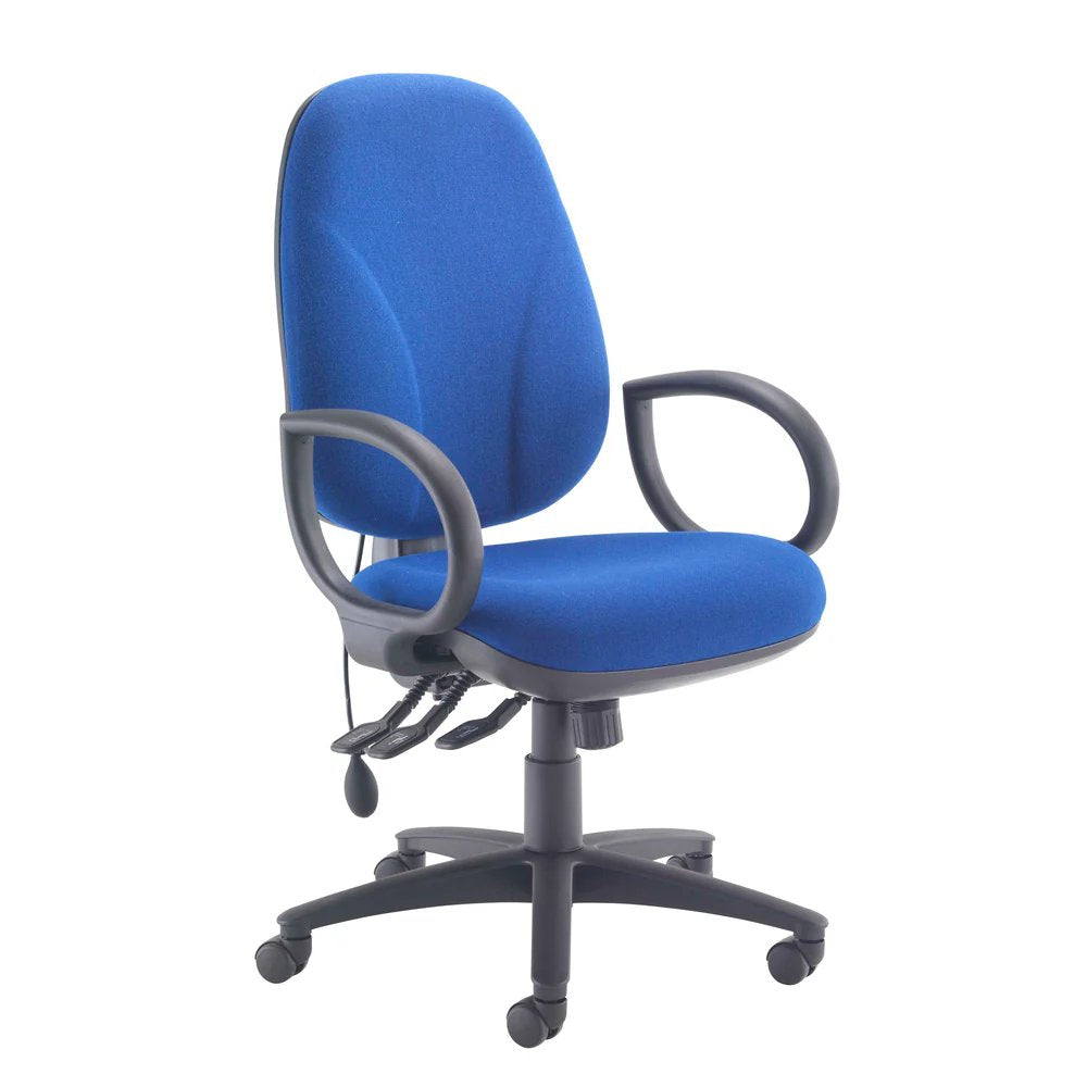 A blue office chair with a lumbar support pump, featuring a ratchet back, adjustable seat slide, and five-star base with casters.