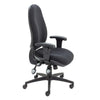 A charcoal office chair with a lumbar support pump, featuring a ratchet back, adjustable seat slide, and five-star base with casters.