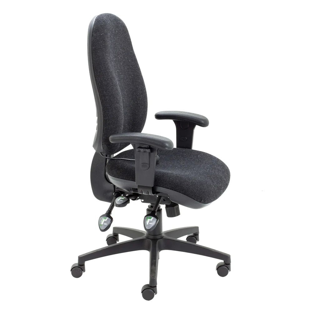 A charcoal office chair with a lumbar support pump, featuring a ratchet back, adjustable seat slide, and five-star base with casters.