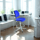 Blue office chair in a bright, modern office setting with white desks and computers.