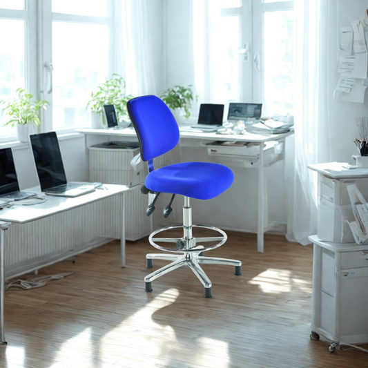 Blue office chair in a bright, modern office setting with white desks and computers.