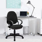 Black office chair in front of a white desk with a laptop and lamp.