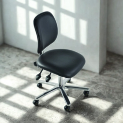 Black office chair in a room with sunlight casting shadows on the floor
