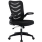 A high back office chair with a black mesh back and fabric seat, featuring flip up arms and a five-star base with casters.