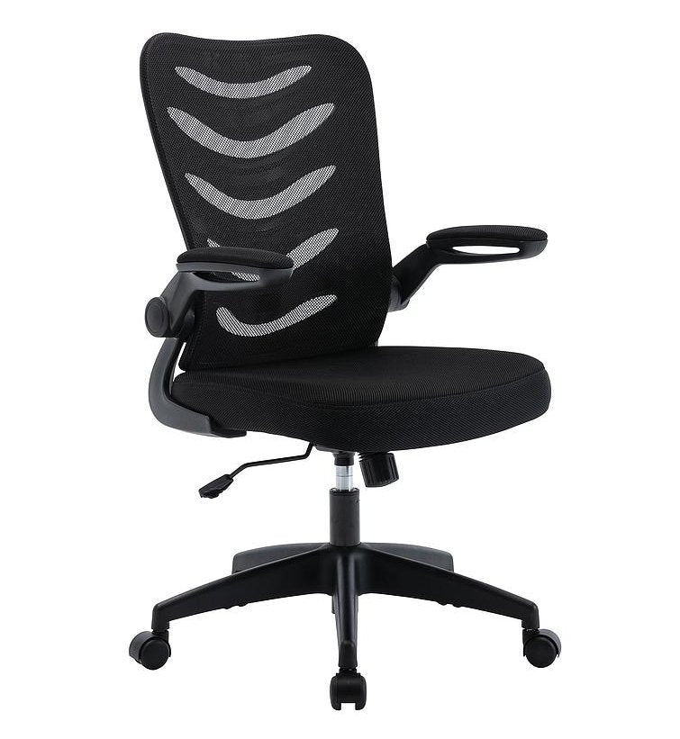 A high back office chair with a black mesh back and fabric seat, featuring flip up arms and a five-star base with casters.