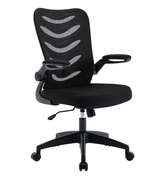 A high back office chair with a black mesh back and fabric seat, featuring flip up arms and a five-star base with casters.