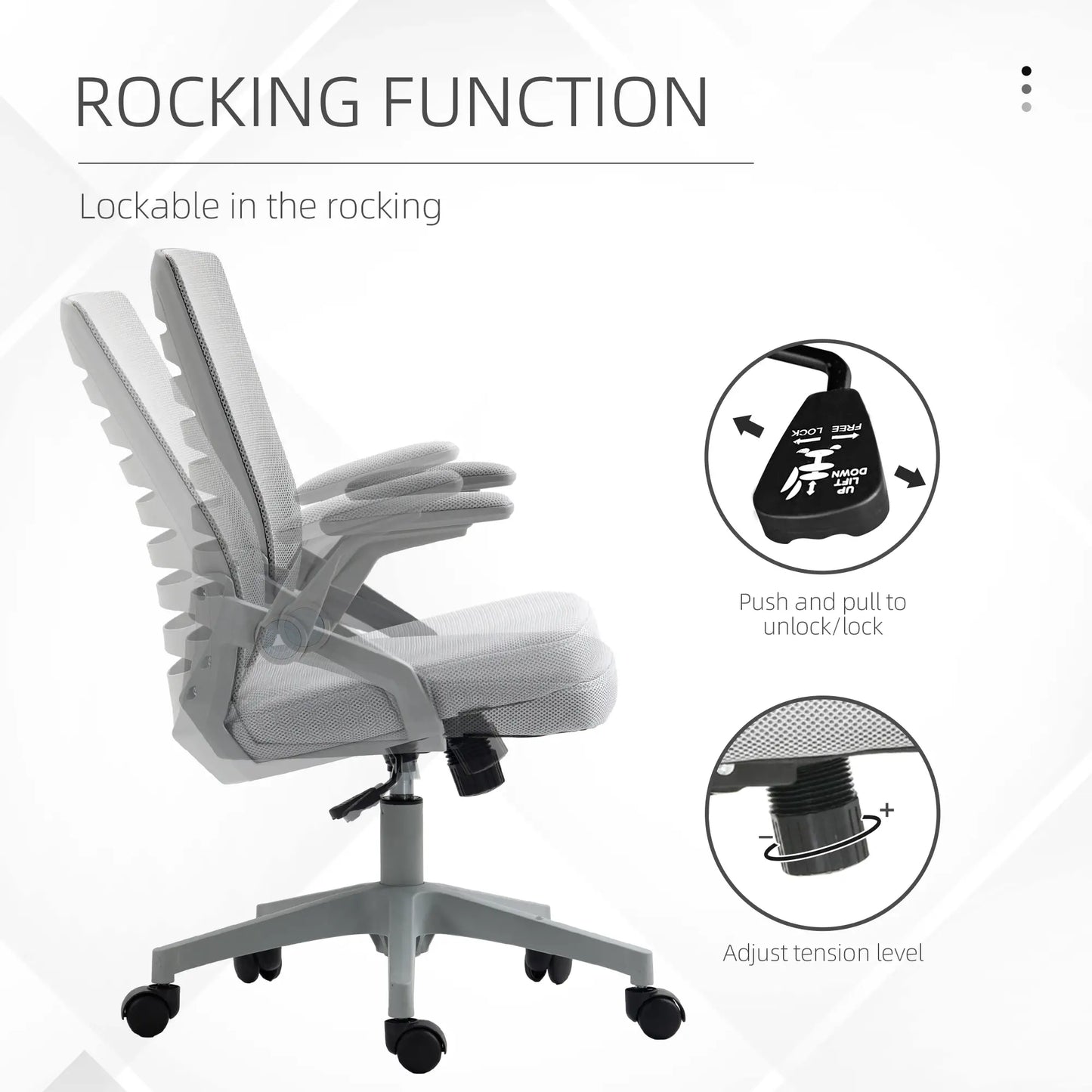 Ergonomic office chair with rocking function features on a white background