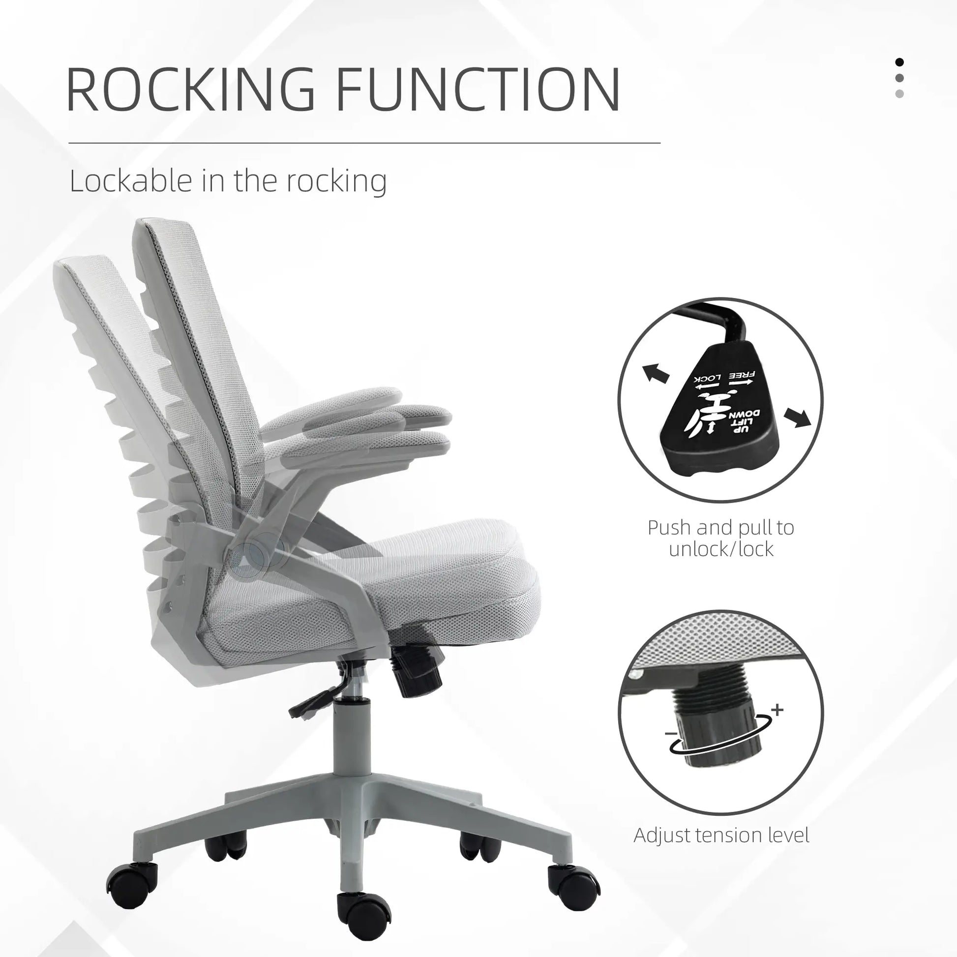 Ergonomic office chair with rocking function features on a white background