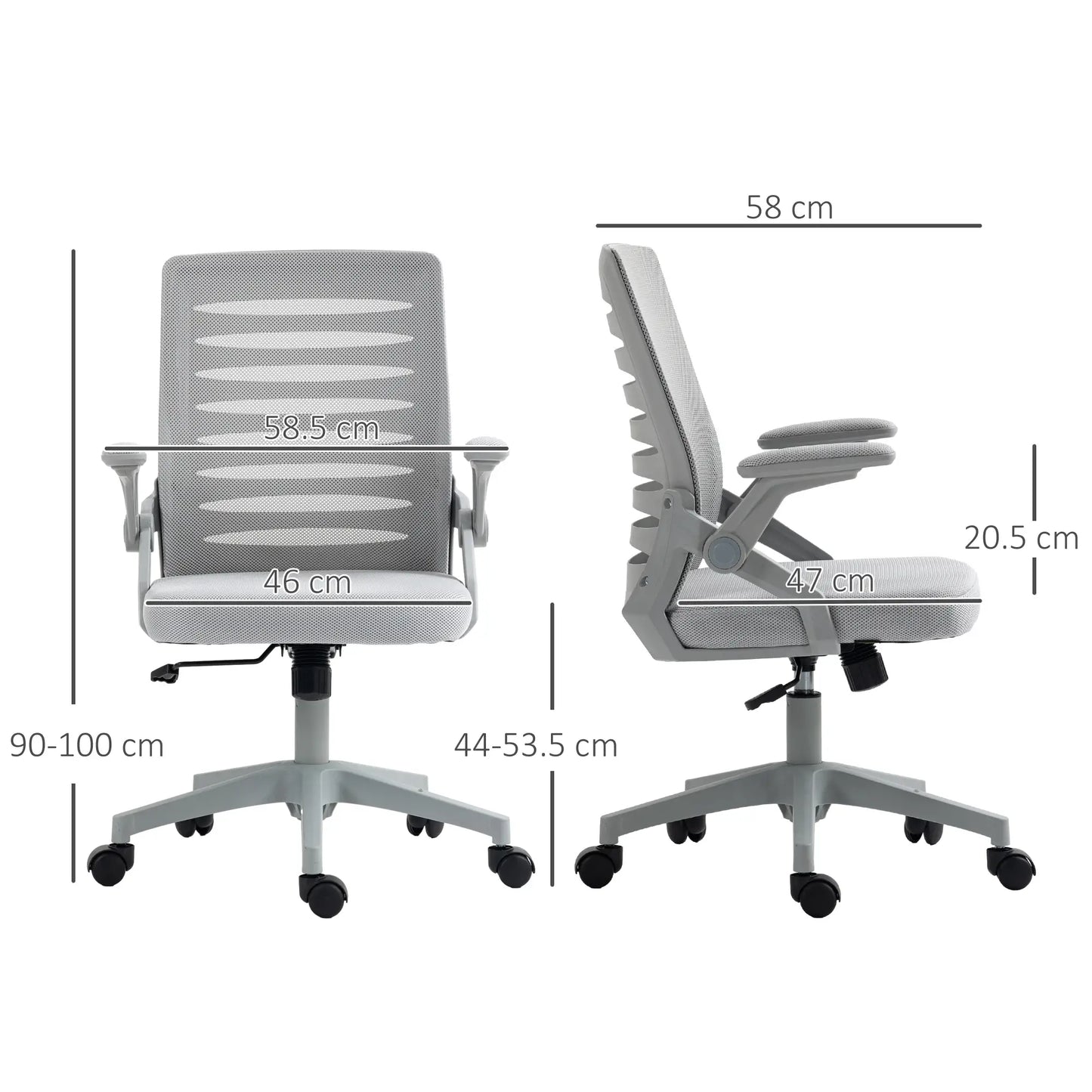 White office chair with dimensions labeled on a white background