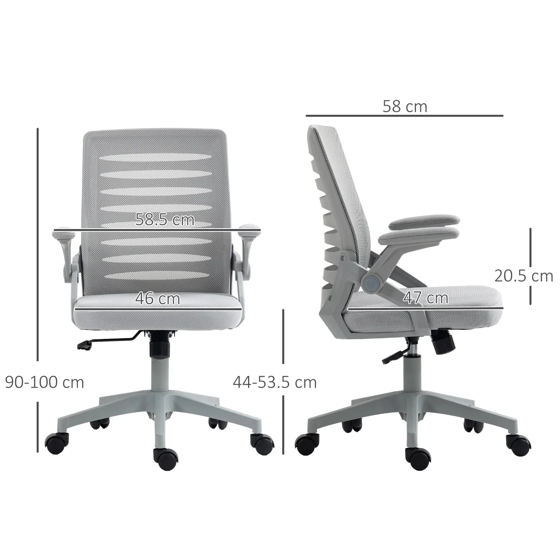 White office chair with dimensions labeled on a white background