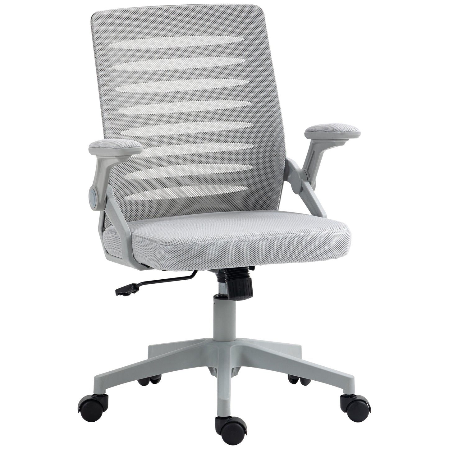 White office chair with mesh back on a white background