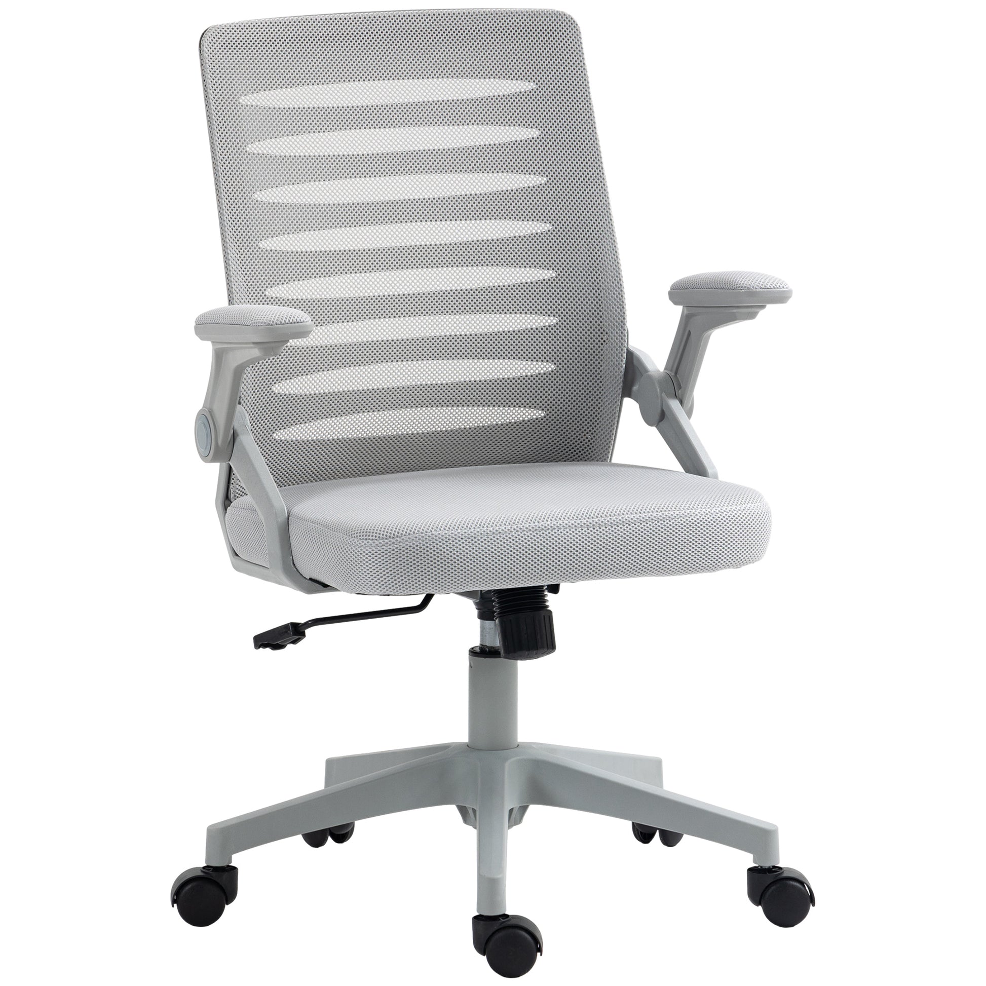 White office chair with mesh back on a white background