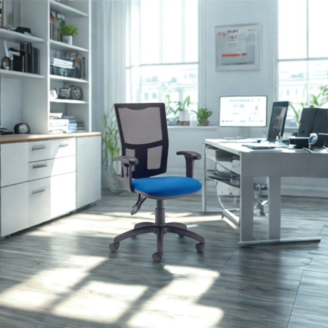 Modern office setup with a chair, desk, and computer in a bright room.