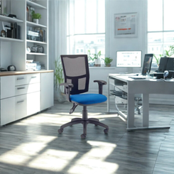 Modern office setup with a chair, desk, and computer in a bright room.