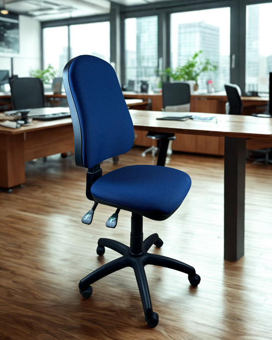 Blue office chair in a modern office setting with wooden desks and large windows.