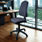 Almost black office chair in an office setting with a cityscape view