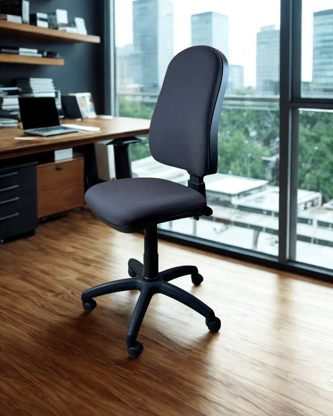 Almost black office chair in an office setting with a cityscape view