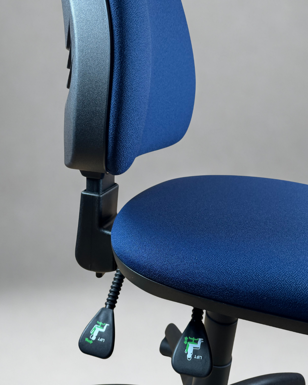 Blue office chair with adjustable armrests on a gray background