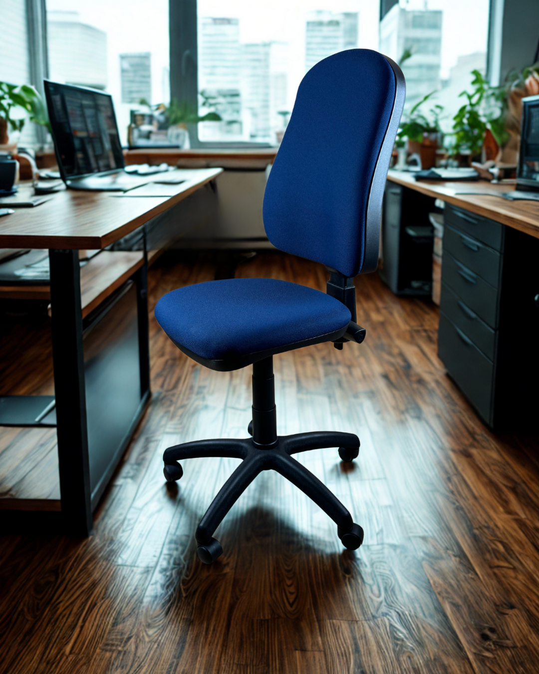 Blue office chair in an office setting with desks and windows.
