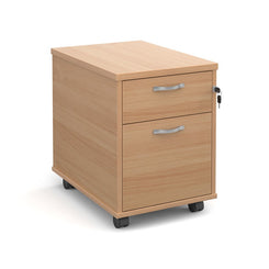 A beech wood mobile pedestal with two drawers and silver metal handles on wheels.
