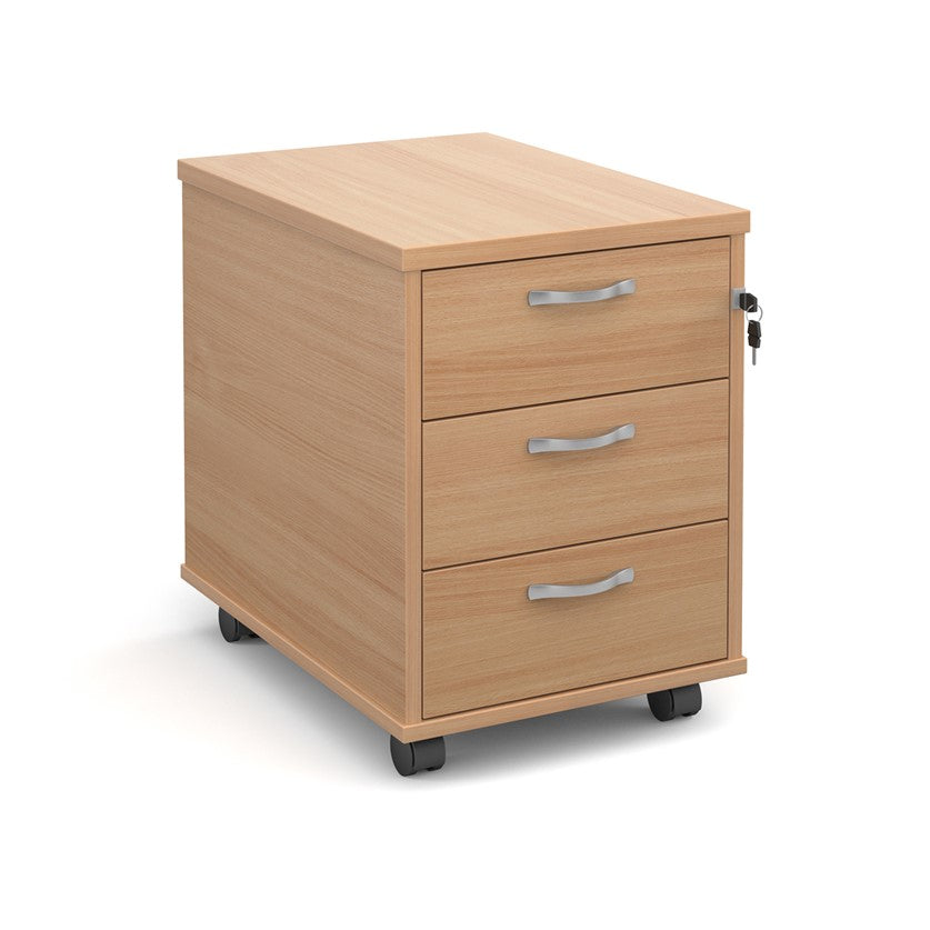 A beech wood mobile pedestal with two drawers and silver metal handles on wheels.