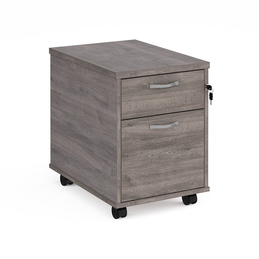 A grey wood mobile pedestal with two drawers and silver metal handles on wheels.