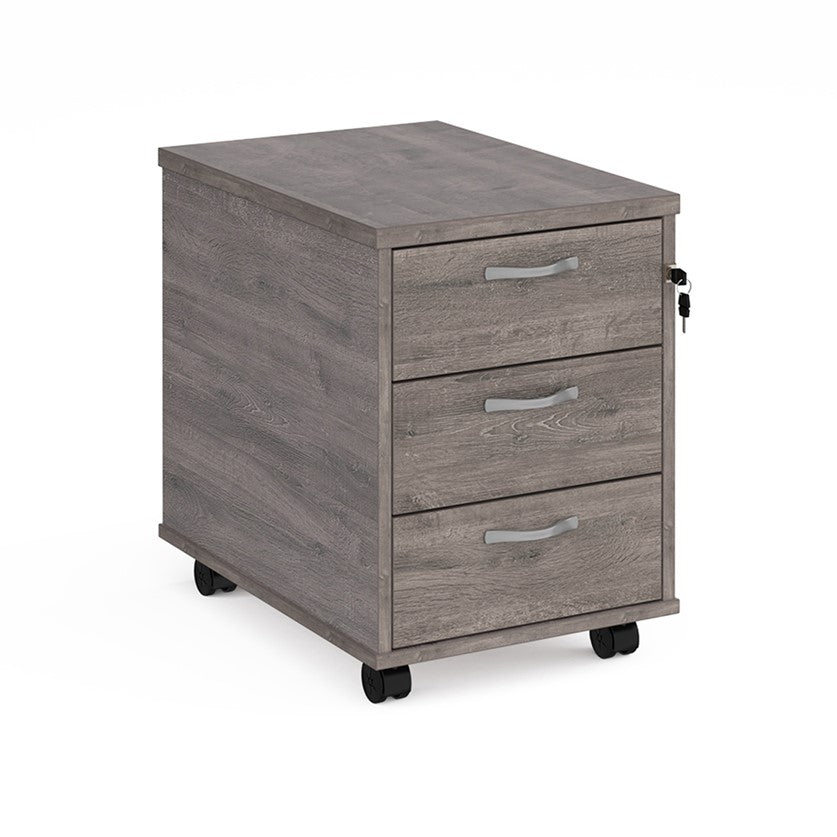 A grey wood mobile pedestal with two drawers and silver metal handles on wheels.