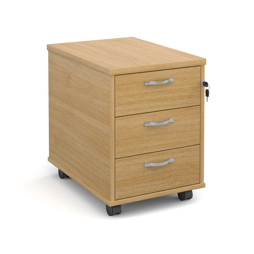 A oak wood mobile pedestal with two drawers and silver metal handles on wheels.