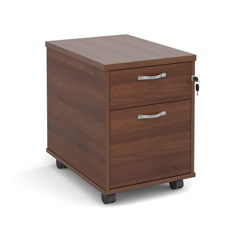 A walnut wood mobile pedestal with two drawers and silver metal handles on wheels.