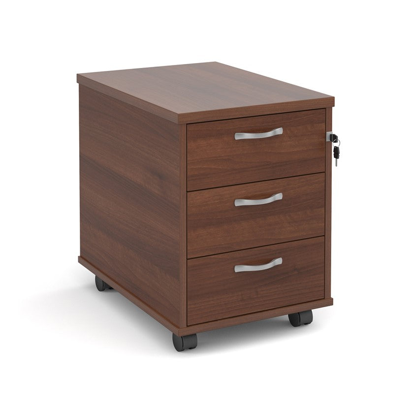 A walnut wood mobile pedestal with two drawers and silver metal handles on wheels.
