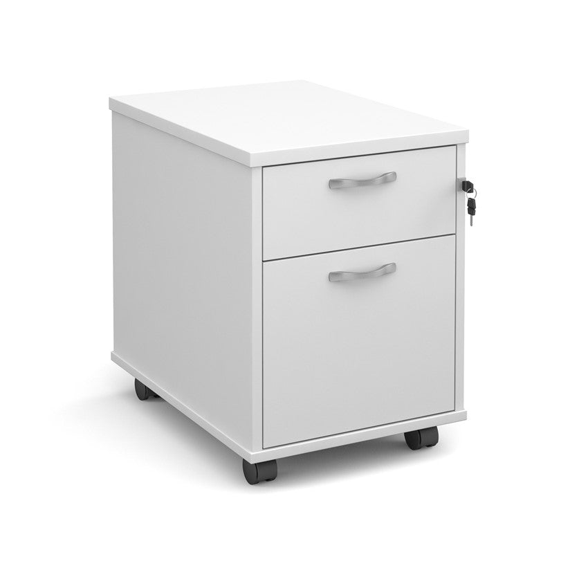 A white wood mobile pedestal with two drawers and silver metal handles on wheels.