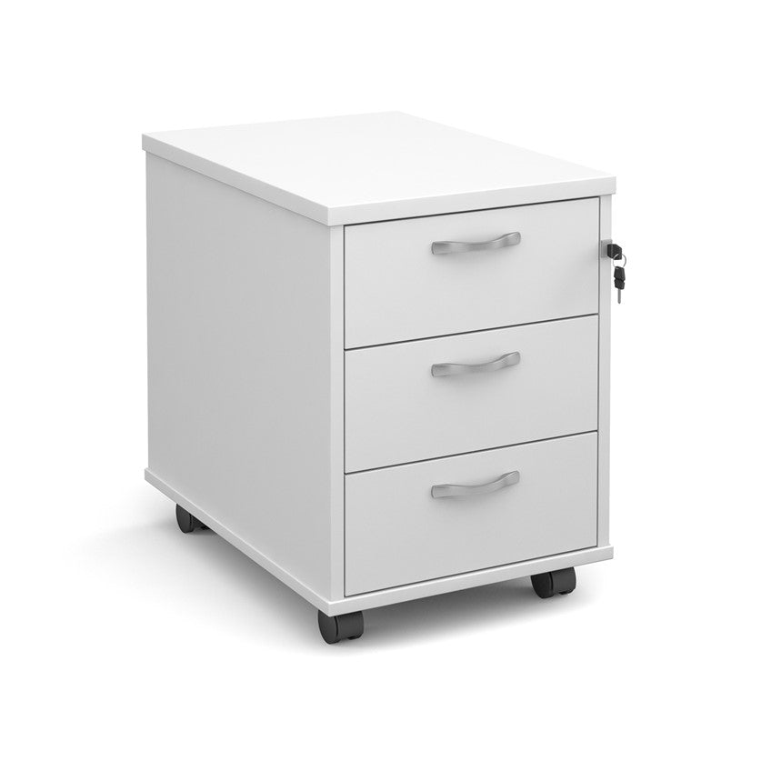A white wood mobile pedestal with two drawers and silver metal handles on wheels.