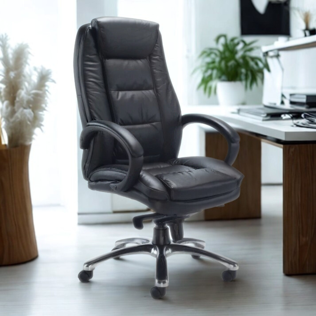 Black office chair in a home office setting with a desk and plants.