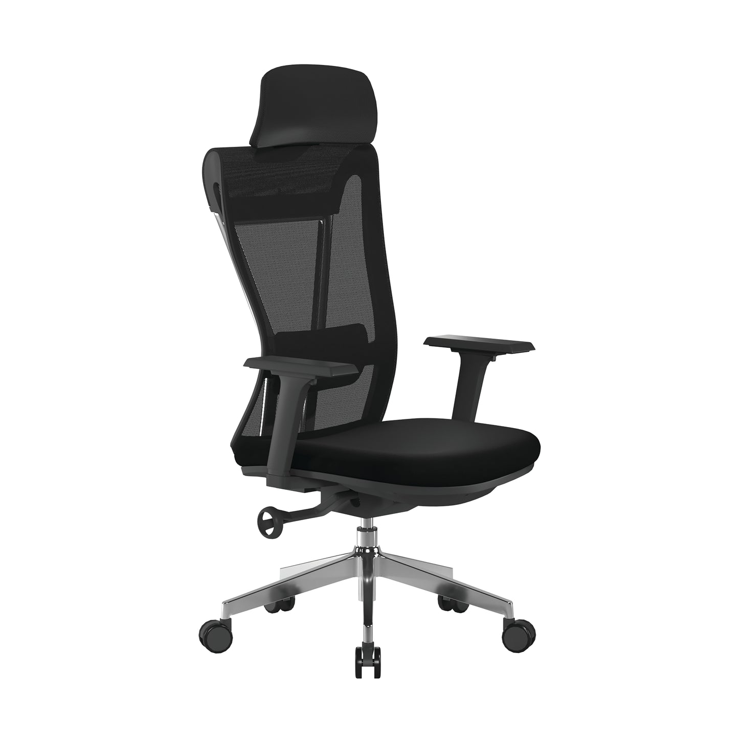 Black office chair with mesh backrest on a white background