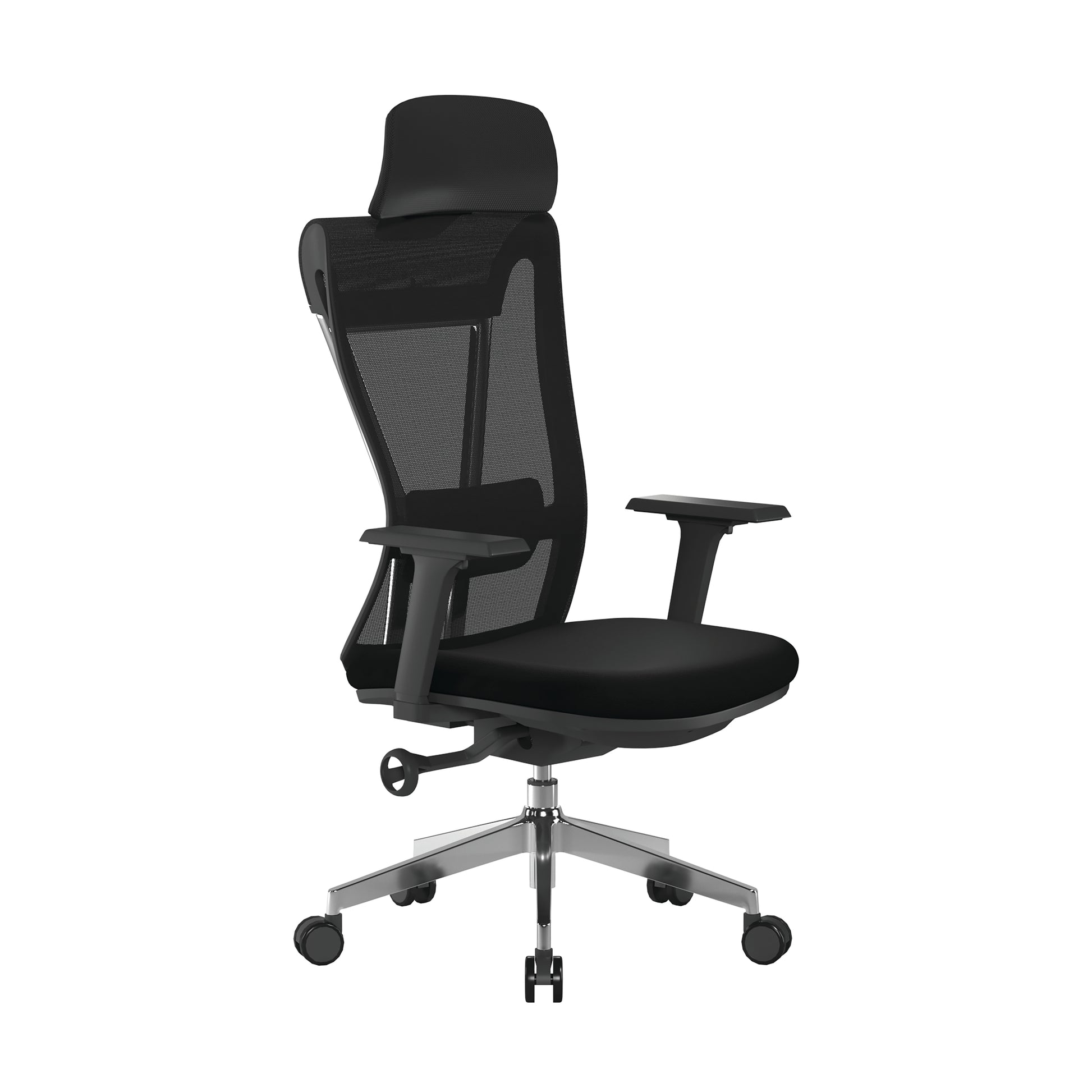 Black office chair with mesh backrest on a white background