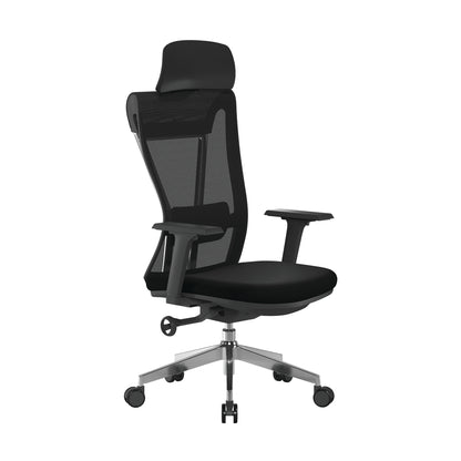 Black office chair with mesh backrest on a white background