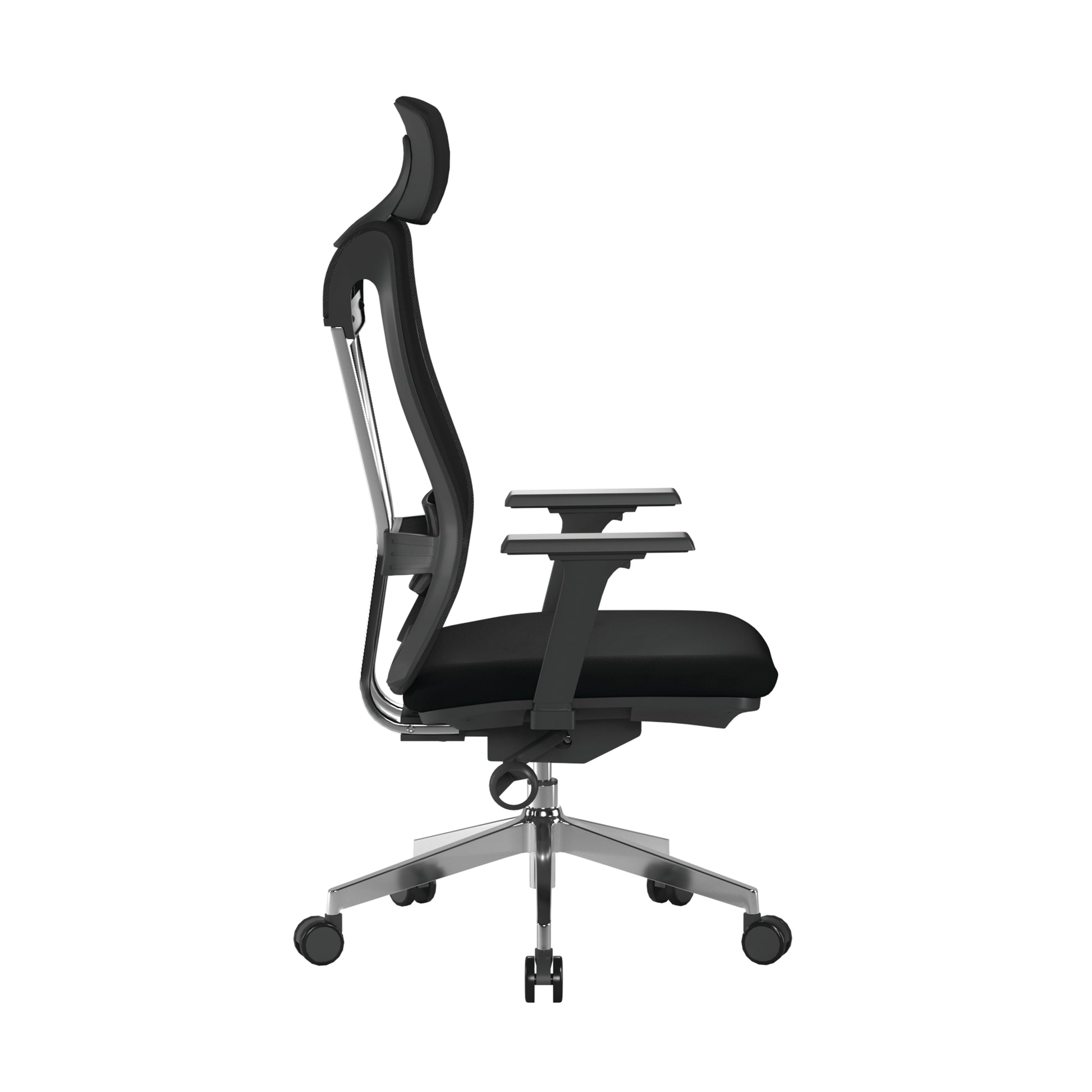Black office chair with adjustable features on a white background