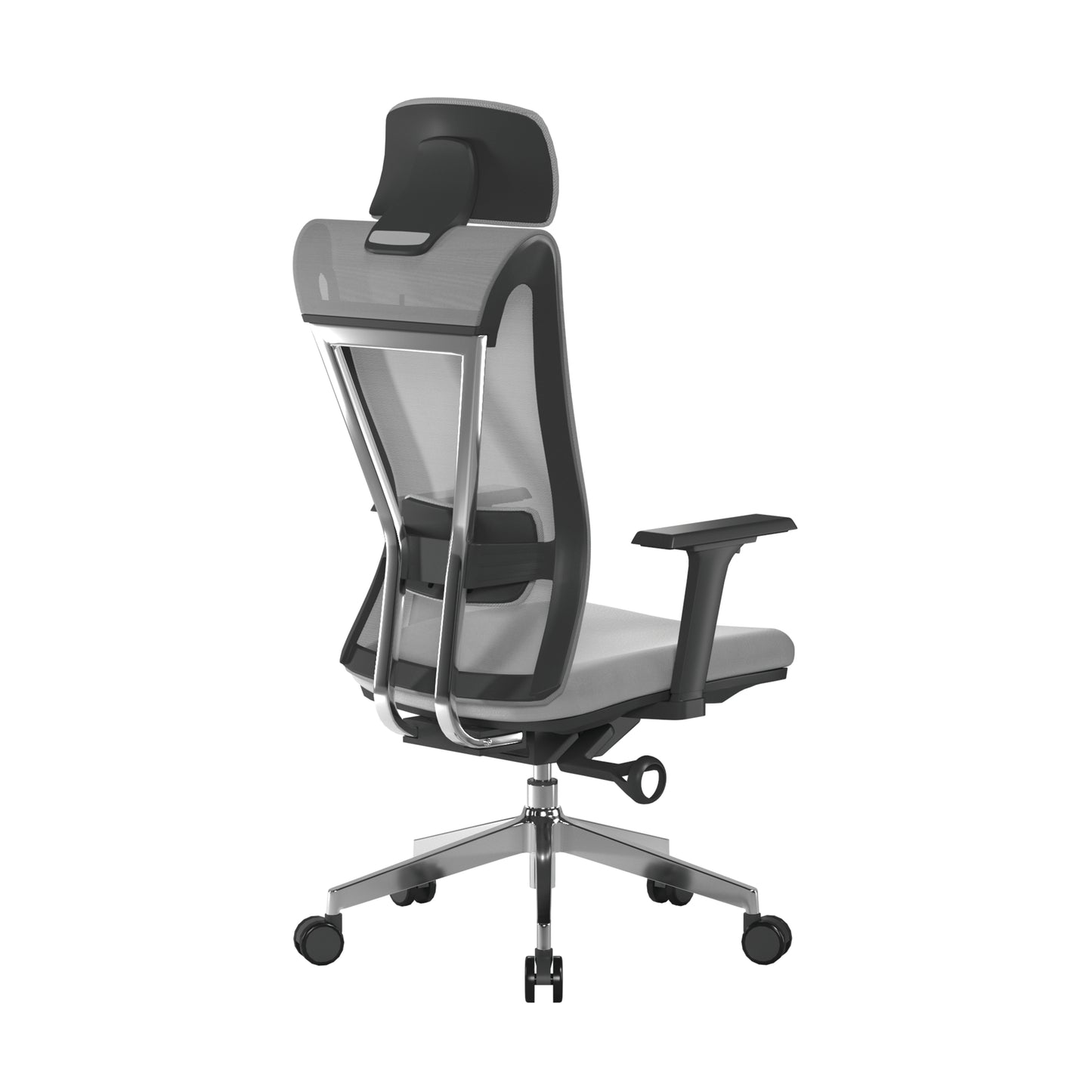 Modern office chair with gray mesh back and black accents on a white background