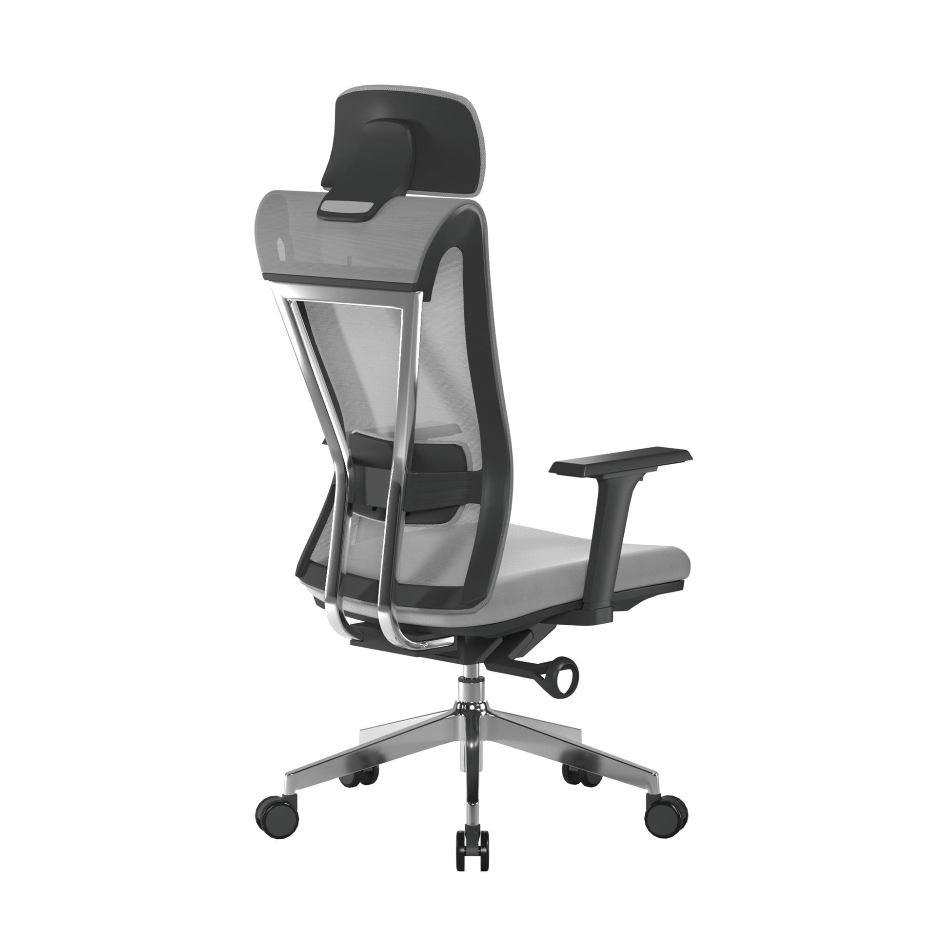 Modern office chair with gray mesh back and black accents on a white background