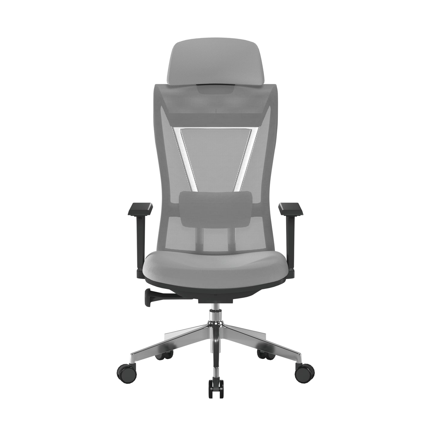 Gray office chair with mesh backrest on a white background