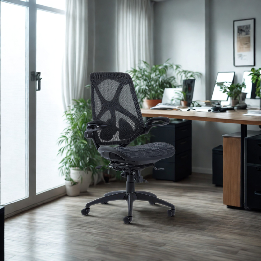 Modern office chair in a well-lit room with a desk and plants.