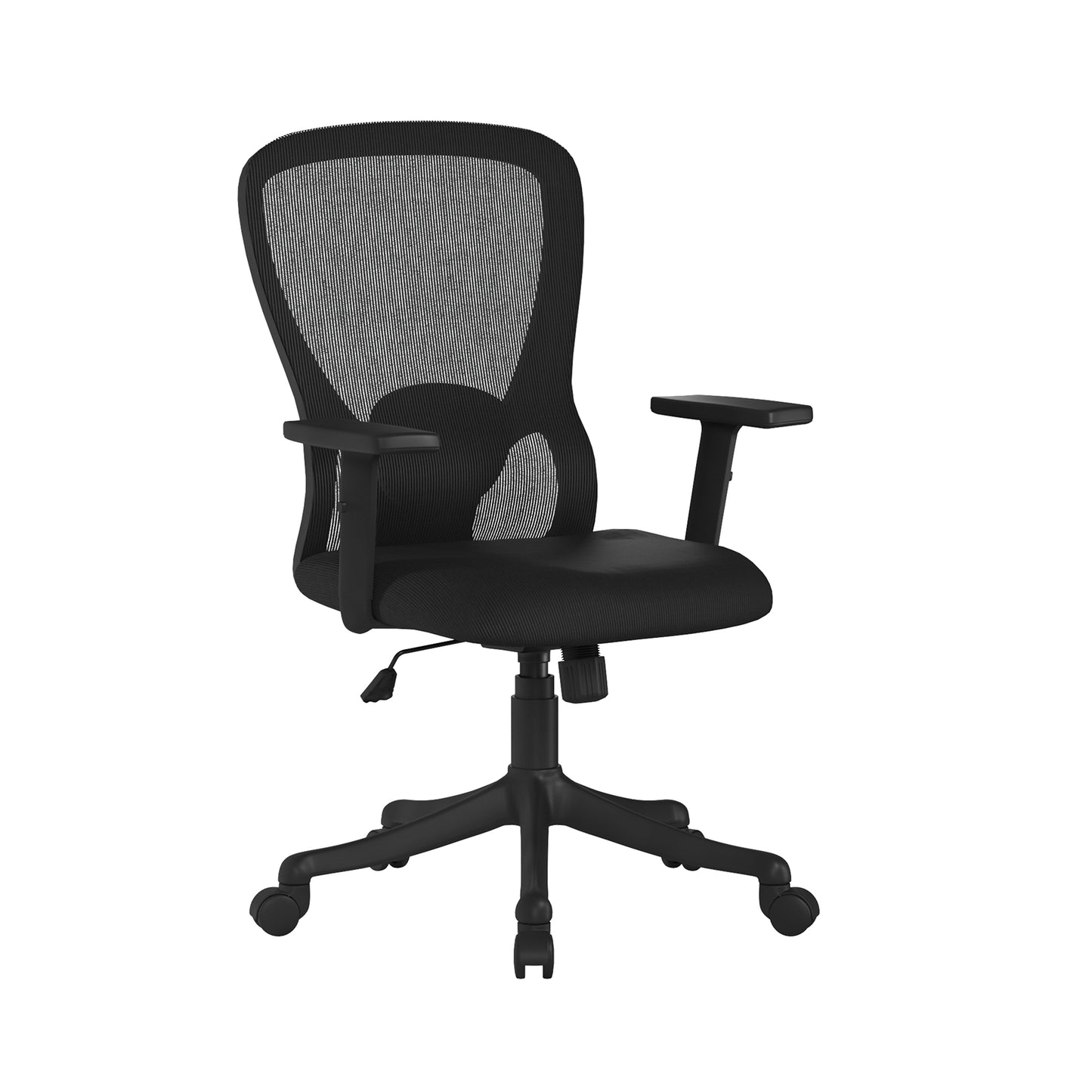 Black office chair with mesh back on a white background