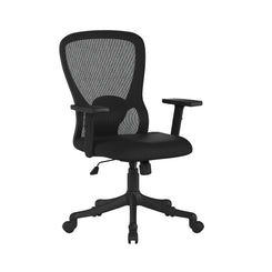 Black office chair with mesh back on a white background