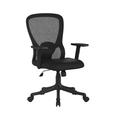 Black office chair with mesh back on a white background