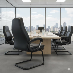 Modern conference room with black chairs and a large table, cityscape visible through windows.