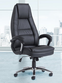 Black office chair with a cityscape background