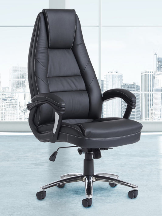 Black office chair with a cityscape background