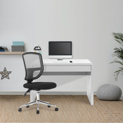 White office desk with black chair and computer setup in a room with a plant and decorative items.