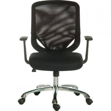 Black office chair with mesh backrest on a white background