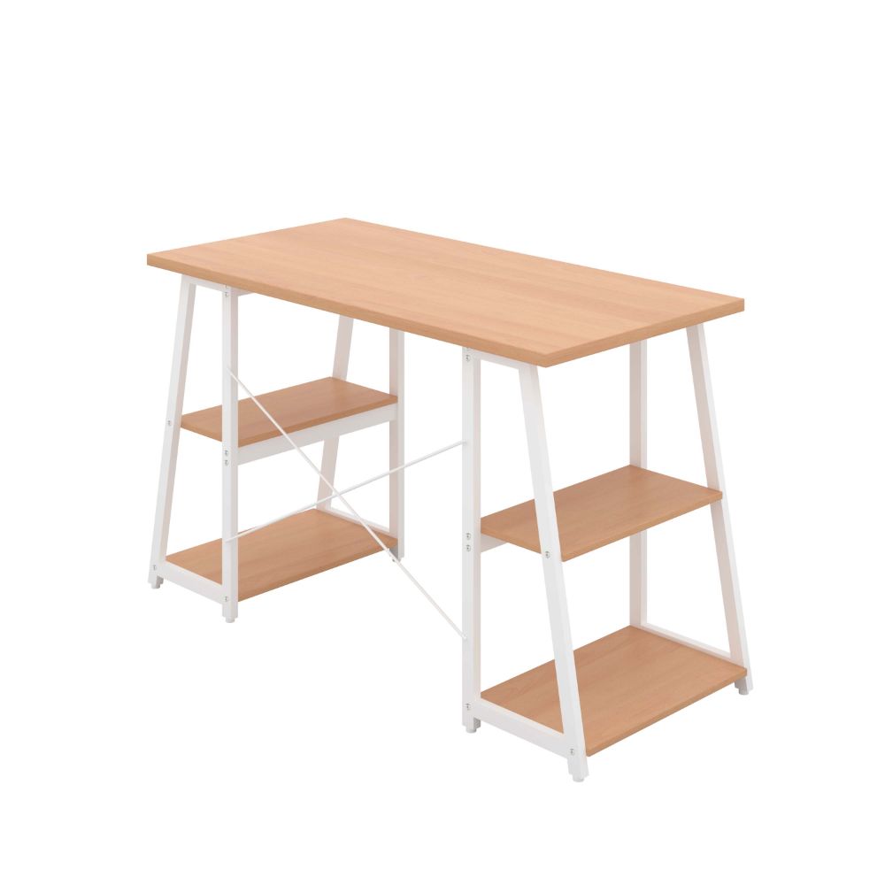 Odell Home Office Desk in beech with white legs aginst a white background. 